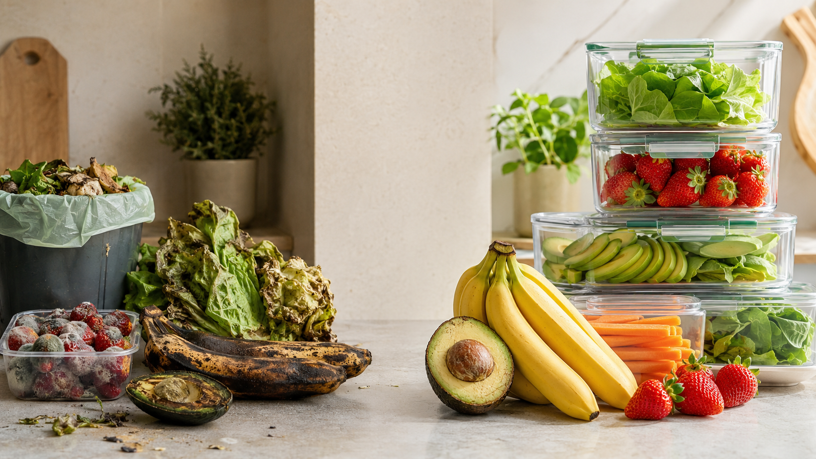 Alimentos desperdiçados de um lado e alimentos frescos bem conservados do outro